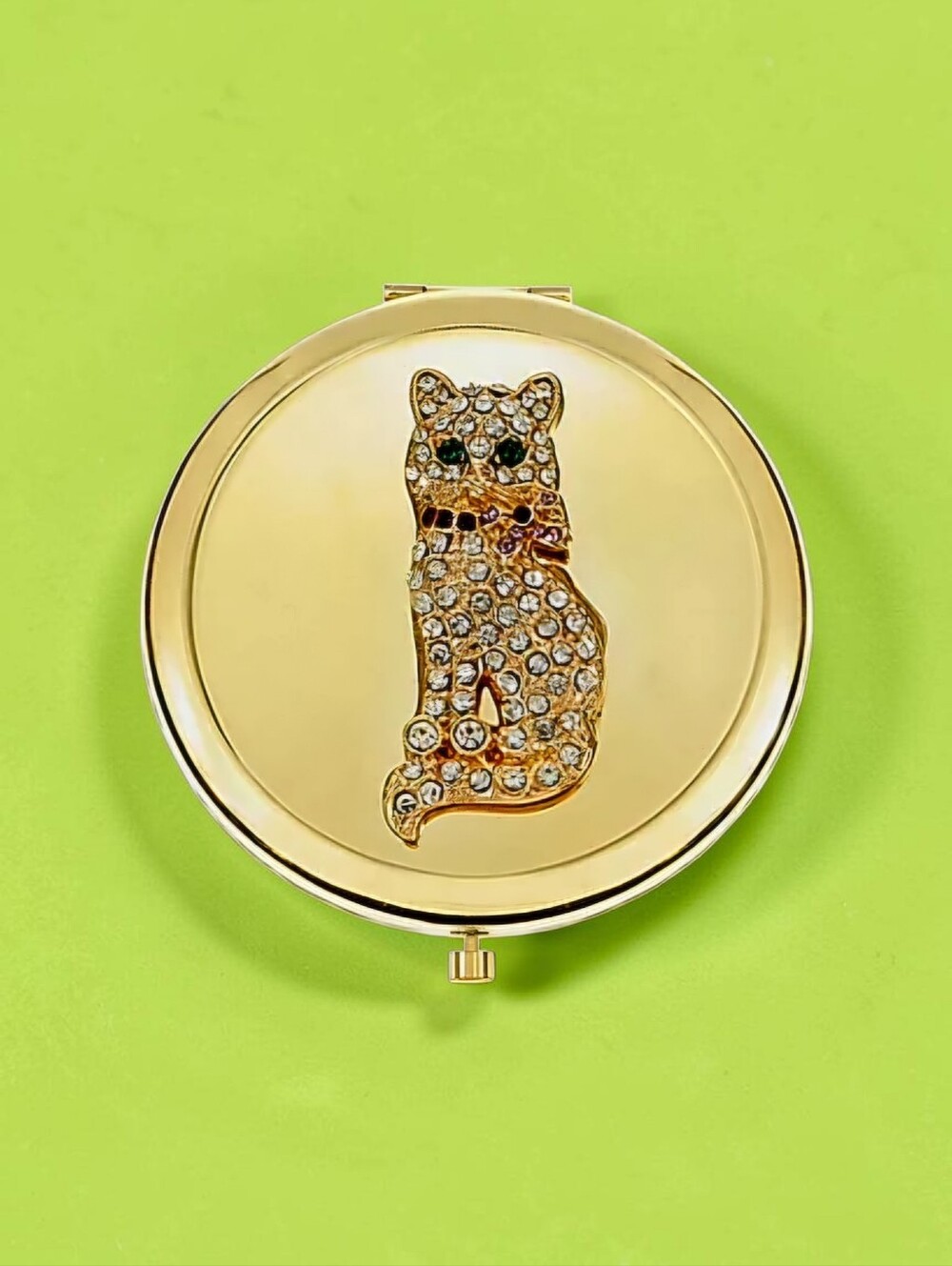 NWT Monet Jewelry Gold Tone Cat Snap Compact Mirror with Box 2.75"